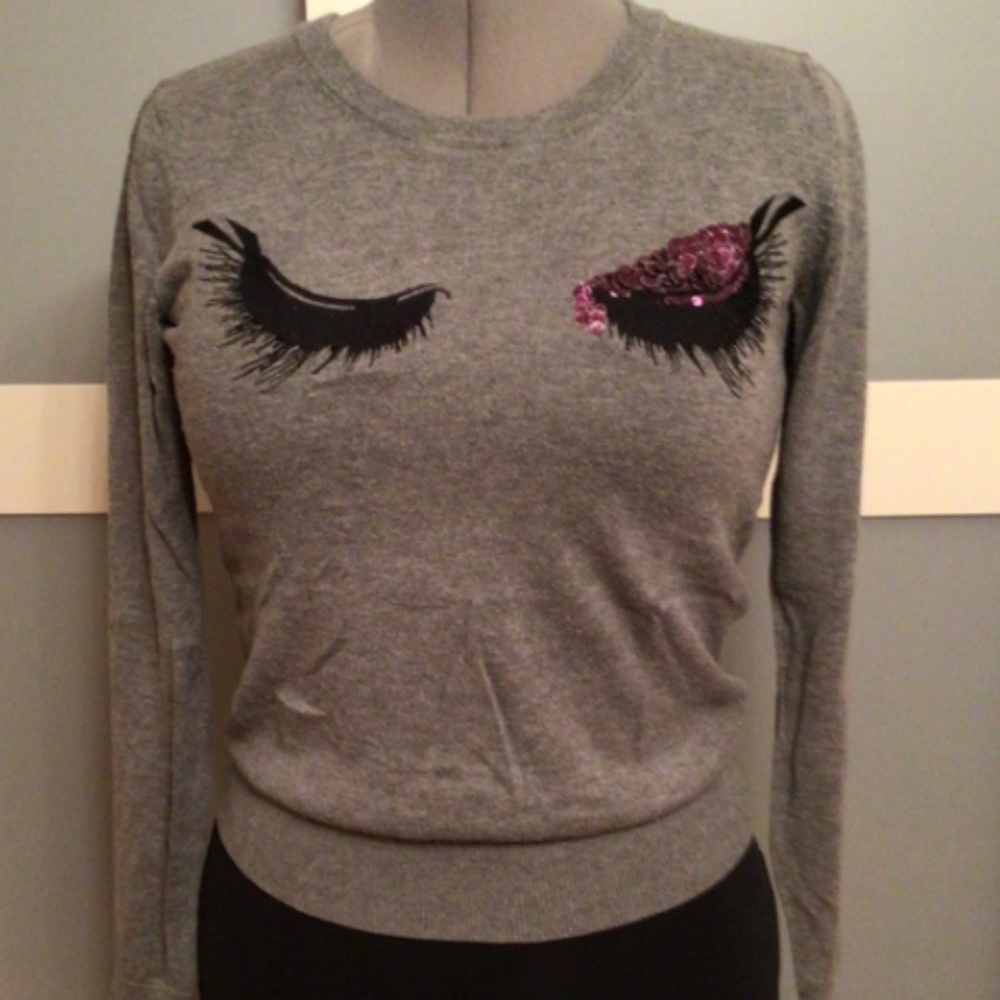 Vintage French Connection Grey Sweater with Eyelashes Print / Sequins Size M - Picture 6 of 6